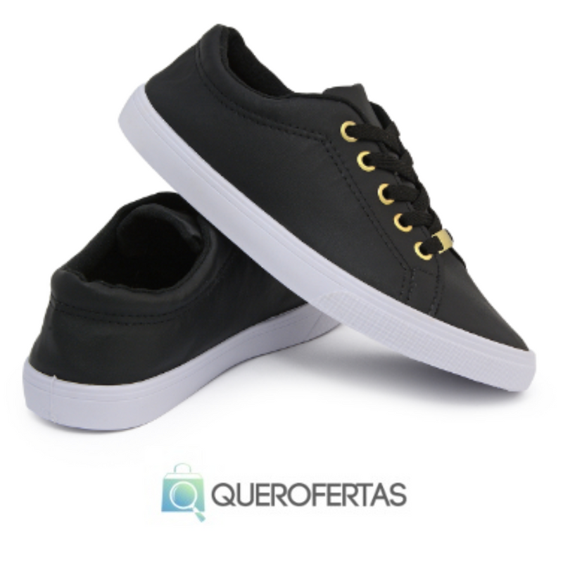 Tênis Feminino Pedrinha Confortável Simples Preto Branco